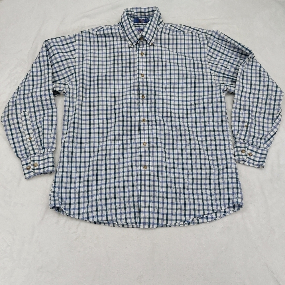 PENDLETON MEN BROADWAY CLOTH WHITE BLUE PLAID LONG SLEEVE BUTTON DOWN SHIRT SZ L